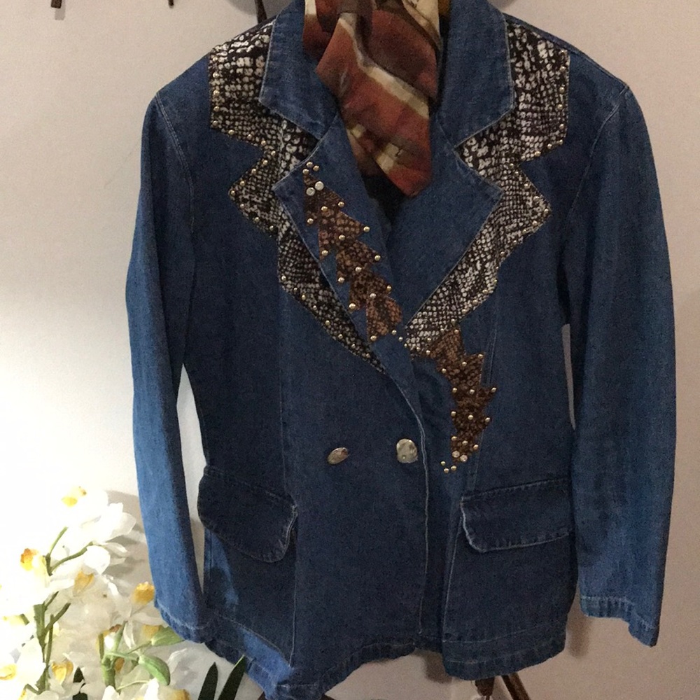 Double Breast Denim Jacket with animal patchwork